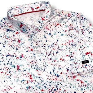 Obla Performance Golf Polo Shirt Mens Large White Red Blue Paint Splatter